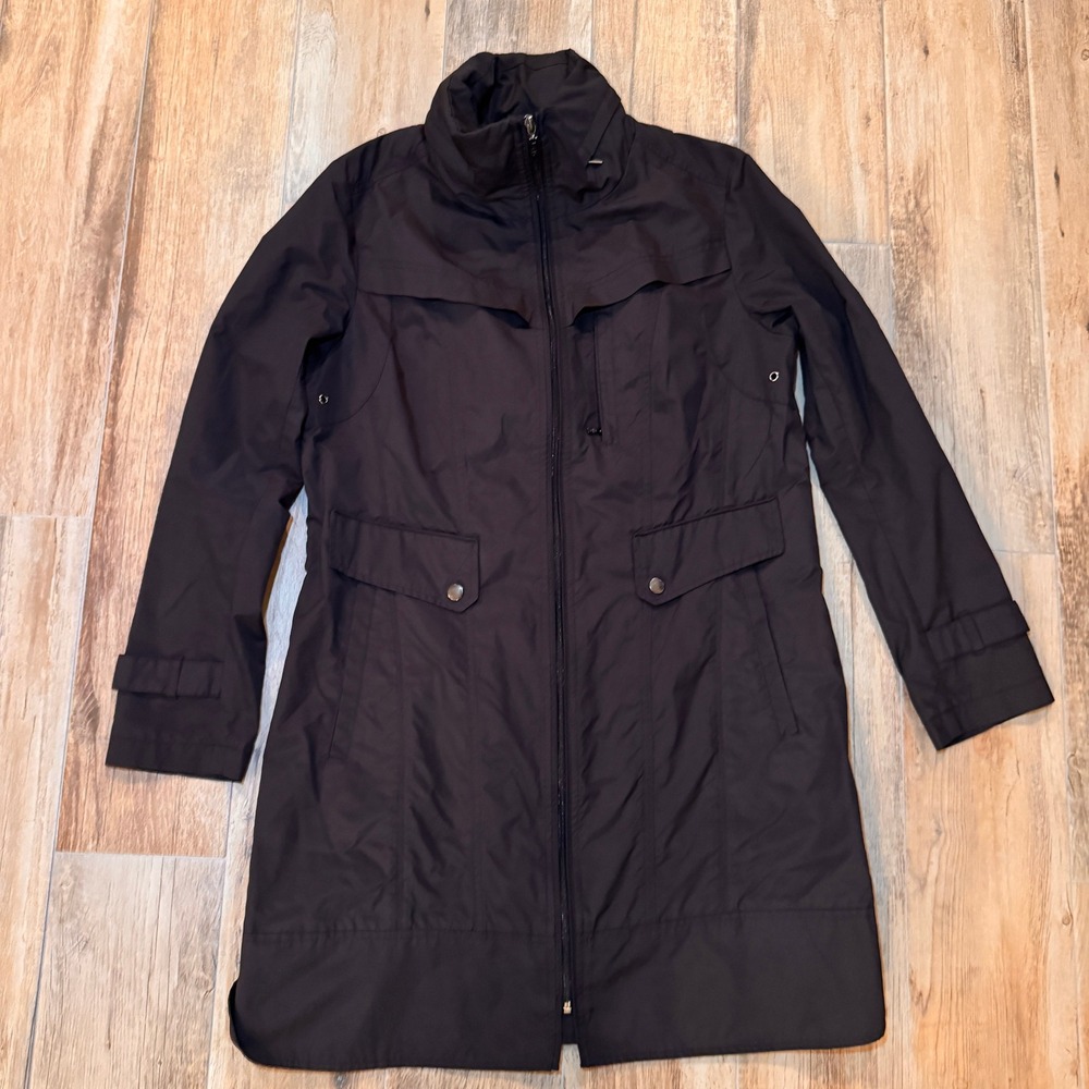 Cole Haan Womens Black Hooded Rain Jacket Trench Coat Size M 35MD4030